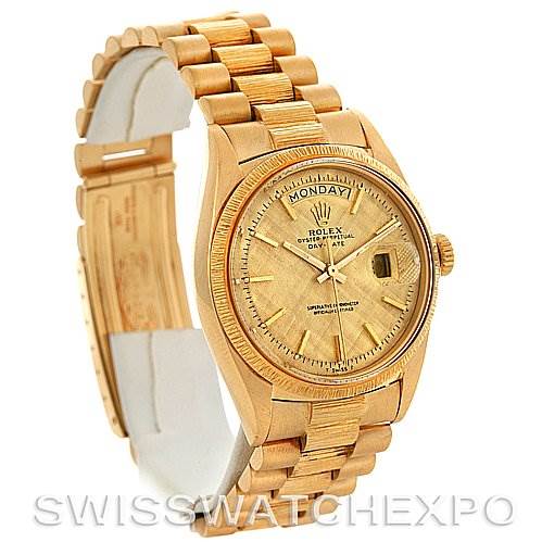 The image shows a Rolex President 1807 Men's Yellow Gold Champagne Dial 1807 Men's Yellow Gold Champagne Dial model watch from an angled side view, displaying its bracelet, dial, and clasp.