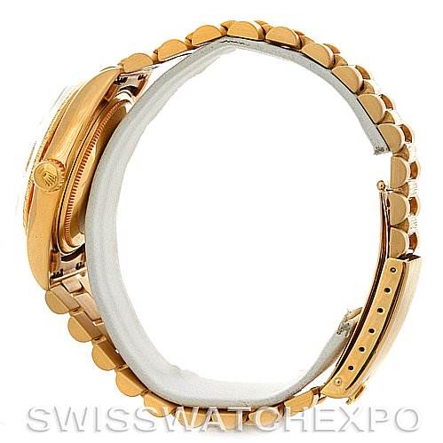 The image shows a side view of a Rolex President 1807 Men's Yellow Gold Champagne Dial 1807 Men's Yellow Gold Champagne Dial model watch, highlighting the gold bracelet and clasp.