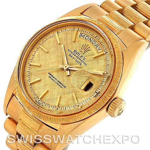 The image shows a Rolex President 1807 Men's Yellow Gold Champagne Dial 1807 Men's Yellow Gold Champagne Dial model watch from an angled top view, highlighting the dial, bracelet, crown, and day-date function.