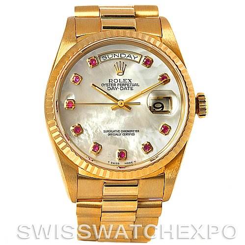 The image shows a top view of a Rolex President 18238 Men's Yellow Gold Mother of Pearl Dial 18238 Men's Yellow Gold Mother of Pearl Dial Day-Date watch, highlighting the face, bracelet, and day/date windows.