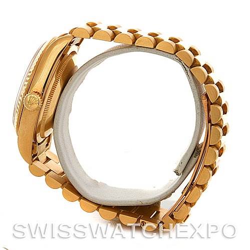 The image shows a Rolex President 18238 Men's Yellow Gold Mother of Pearl Dial 18238 Men's Yellow Gold Mother of Pearl Dial model watch from a side angle highlighting the crown and bracelet.