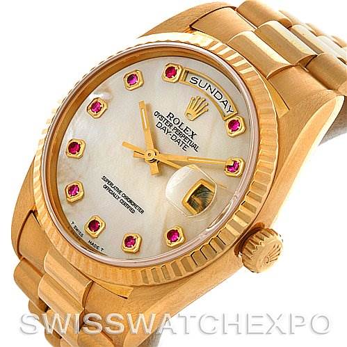 The image shows a Rolex President 18238 Men's Yellow Gold Mother of Pearl Dial 18238 Men's Yellow Gold Mother of Pearl Dial model watch at a three-quarter angle, highlighting the face, bezel, crown, and part of the band.