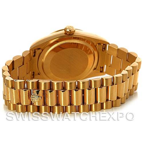 The image shows a rear view of the Rolex President 18238 Men's Yellow Gold Mother of Pearl Dial 18238 Men's Yellow Gold Mother of Pearl Dial model watch, highlighting the bracelet and case back.