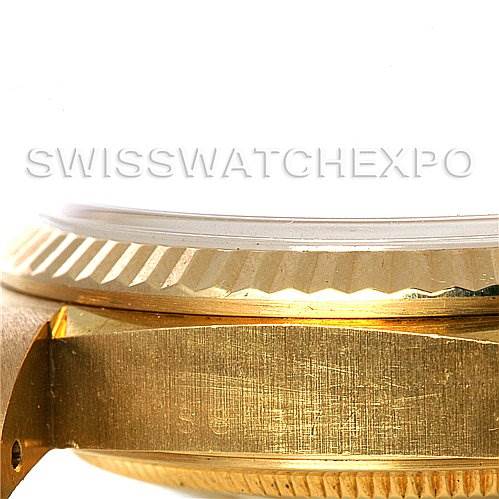 This close-up shows the side profile of the Rolex President 18238 Men's Yellow Gold Mother of Pearl Dial 18238 Men's Yellow Gold Mother of Pearl Dial model, highlighting the bezel and case.