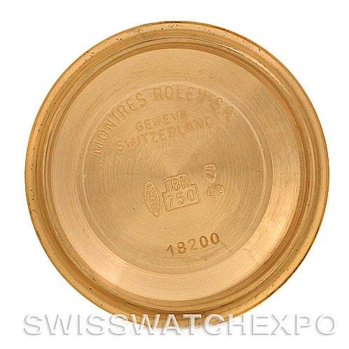 This image shows the interior of the case back of a Rolex President 18238 Men's Yellow Gold Mother of Pearl Dial 18238 Men's Yellow Gold Mother of Pearl Dial model watch, featuring markings and specifications.