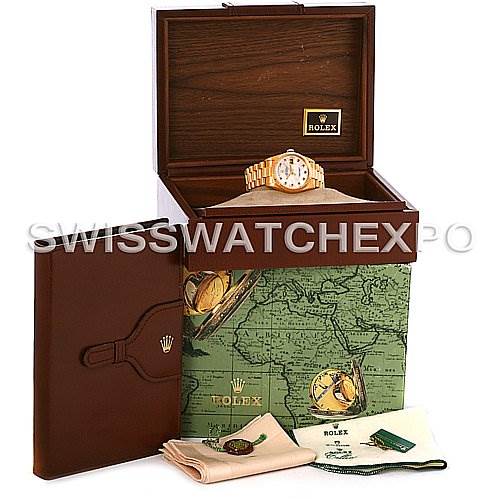 The image shows a Rolex President 18238 Men's Yellow Gold Mother of Pearl Dial 18238 Men's Yellow Gold Mother of Pearl Dial model watch with its box, case, and accessories from a front angle.