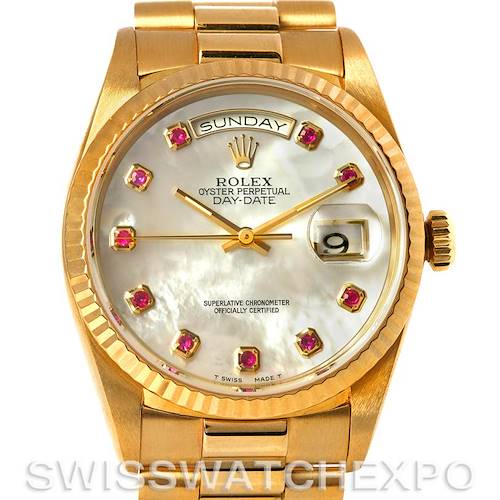 Photo of Rolex President Mens 18k Yellow Gold Mother of Pearl Rubies Dial 18238