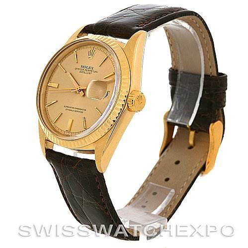 This image shows a Rolex President 1601 Men's Yellow Gold Champagne Dial 1601 Men's Yellow Gold Champagne Dial model watch from a three-quarter angle, highlighting its gold case, dial, and leather strap.