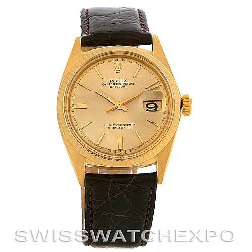 This image shows a front view of a Rolex President 1601 Men's Yellow Gold Champagne Dial 1601 Men's Yellow Gold Champagne Dial model watch, highlighting its gold case, dial, and leather strap.