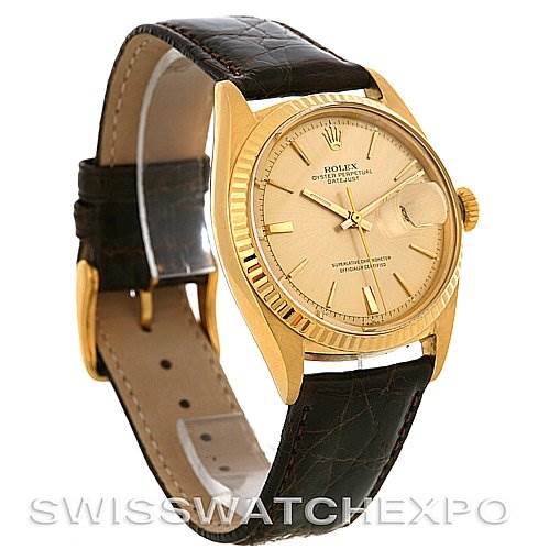 The image shows a Rolex President 1601 Men's Yellow Gold Champagne Dial 1601 Men's Yellow Gold Champagne Dial watch from a three-quarter angle, highlighting its face, bezel, crown, and strap.