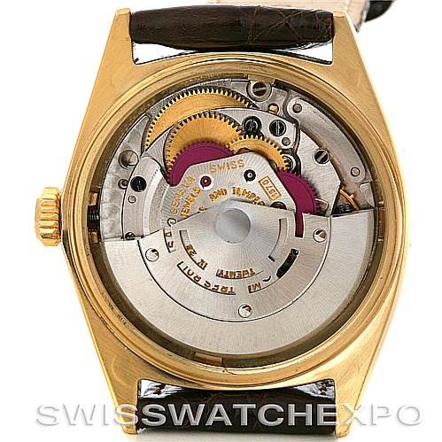 This image shows the back view of a Rolex President 1601 Men's Yellow Gold Champagne Dial 1601 Men's Yellow Gold Champagne Dial model, revealing its internal mechanical components.