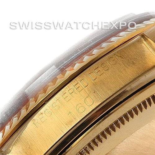 This image shows a close-up of the side profile and bezel of a Rolex President 1601 Men's Yellow Gold Champagne Dial 1601 Men's Yellow Gold Champagne Dial model watch, emphasizing the "Registered Design" inscription.