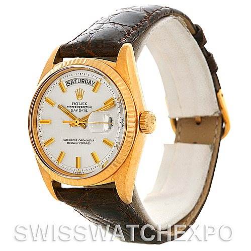 This image shows a Rolex President 1803 Men's Yellow Gold Silver Dial 1803 Men's Yellow Gold Silver Dial model watch from an angled front view, highlighting the dial, bezel, crown, and leather strap.