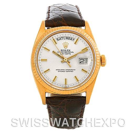 The image shows a frontal view of a Rolex President 1803 Men's Yellow Gold Silver Dial 1803 Men's Yellow Gold Silver Dial model watch, displaying the dial, hands, date, and day features.