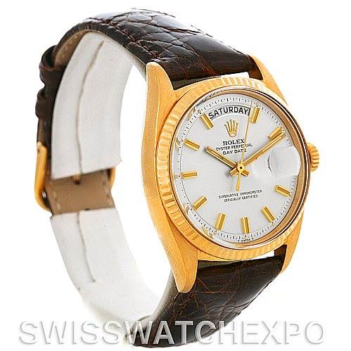 The Rolex President 1803 Men's Yellow Gold Silver Dial 1803 Men's Yellow Gold Silver Dial model watch is shown at a slight angle, displaying the dial, bezel, crown, and leather strap.