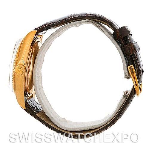 The image shows a side view of a Rolex President 1803 Men's Yellow Gold Silver Dial 1803 Men's Yellow Gold Silver Dial model watch, highlighting the crown and leather strap.