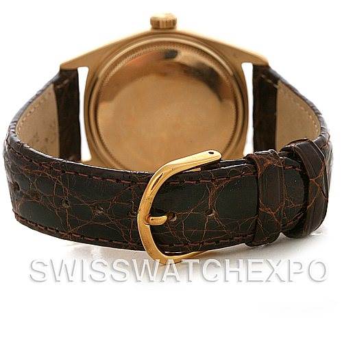 The image shows the back case and leather strap of a Rolex President 1803 Men's Yellow Gold Silver Dial 1803 Men's Yellow Gold Silver Dial model watch.