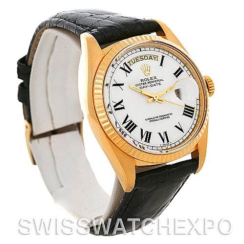 The image shows a Rolex President 1803 Men's Yellow Gold White Dial 1803 Men's Yellow Gold White Dial model watch at a three-quarter angle, highlighting its gold bezel, white dial, and black leather strap.