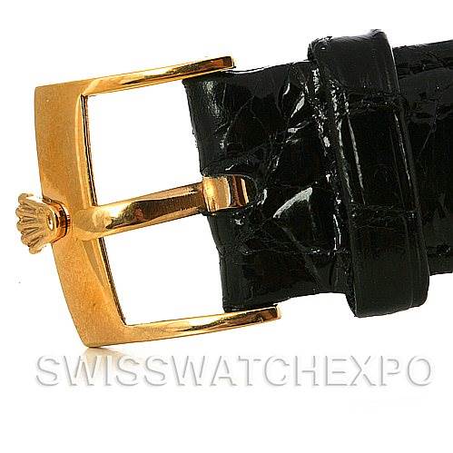 This image shows a close-up of the buckle and strap for a Rolex President 1803 Men's Yellow Gold White Dial 1803 Men's Yellow Gold White Dial model watch.