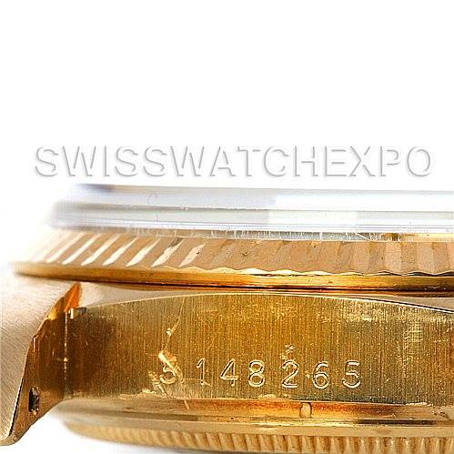 This image shows a close-up side view of the case and engraved serial number of a Rolex President 1803 Men's Yellow Gold White Dial 1803 Men's Yellow Gold White Dial model watch.