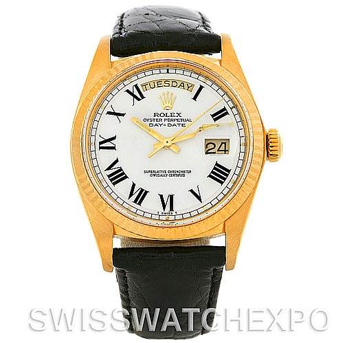 The image shows a front view of the Rolex President 1803 Men's Yellow Gold White Dial 1803 Men's Yellow Gold White Dial Oyster Perpetual Day-Date watch with a black leather strap.