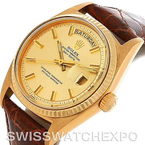 The image shows a close-up of the dial and part of the strap of a Rolex President 1803 Men's Yellow Gold Champagne Dial 1803 Men's Yellow Gold Champagne Dial model watch.