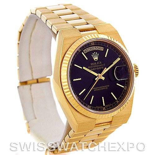 The image shows a Rolex Oysterquartz 19018 Men's Yellow Gold Black Dial 19018 Men's Yellow Gold Black Dial watch at a slight angle, highlighting the face, bezel, and bracelet.