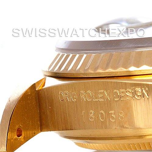 The image shows the side view of the Rolex President 18038 Men's Yellow Gold Black Dial 18038 Men's Yellow Gold Black Dial model, highlighting the case and bezel with the engraving "ORIG ROLEX DESIGN 18038."