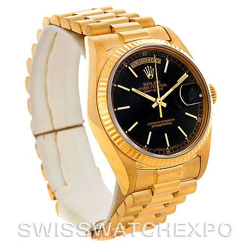 This image shows a slight side angle of the Rolex President 18038 Men's Yellow Gold Black Dial 18038 Men's Yellow Gold Black Dial model watch, featuring a gold case, black dial, and gold bracelet.