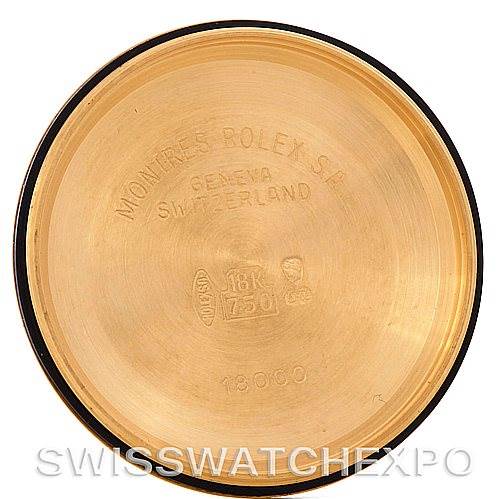 The image shows the inside of a case back of a Rolex President 18038 Men's Yellow Gold Black Dial 18038 Men's Yellow Gold Black Dial model watch, labeled with manufacturer's details.