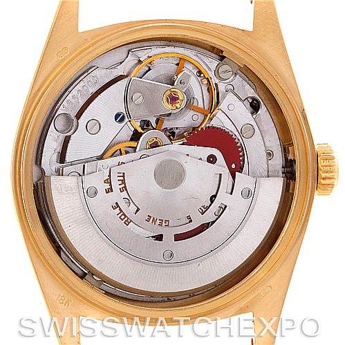 This image shows the internal movement of a Rolex President 18038 Men's Yellow Gold Black Dial 18038 Men's Yellow Gold Black Dial model watch from the back angle.