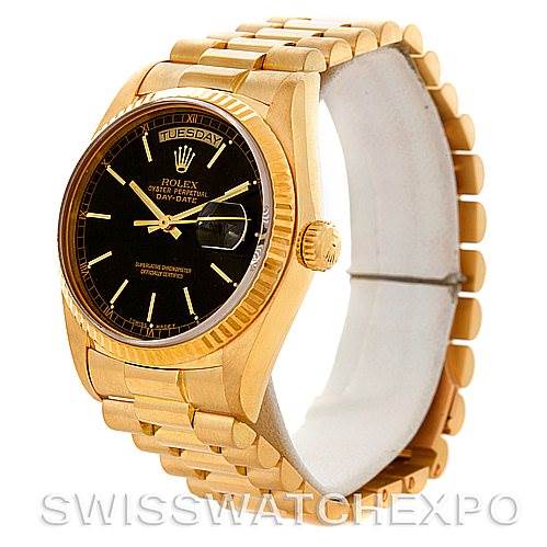 The image shows a Rolex President 18038 Men's Yellow Gold Black Dial 18038 Men's Yellow Gold Black Dial model watch at a three-quarter angle, highlighting its gold bracelet, bezel, and black dial.