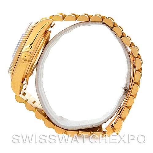 The image shows a side view of the Rolex President 18038 Men's Yellow Gold Black Dial 18038 Men's Yellow Gold Black Dial model, highlighting the watch case and bracelet.