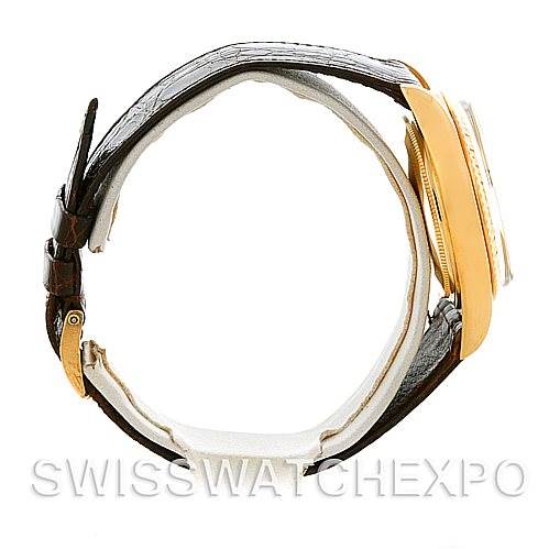 The image shows a side profile of a Rolex President 1803 Men's Yellow Gold Champagne Dial 1803 Men's Yellow Gold Champagne Dial model watch, focusing on the case and leather strap.