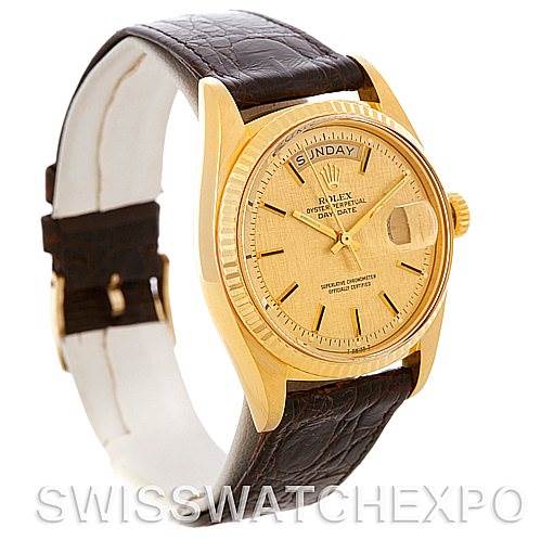 The image shows a Rolex President 1803 Men's Yellow Gold Champagne Dial 1803 Men's Yellow Gold Champagne Dial model watch angled from the upper left, highlighting the dial, bezel, and leather strap.