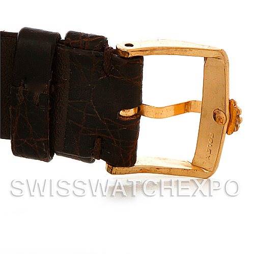 The image shows a close-up side view of the leather strap and gold buckle of a Rolex President 1803 Men's Yellow Gold Champagne Dial 1803 Men's Yellow Gold Champagne Dial model watch.