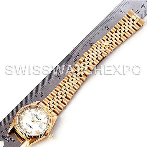 The image shows a top-down view of a gold Rolex President 16238 Men's Yellow Gold White Dial 16238 Men's Yellow Gold White Dial model watch, with the dial, bezel, and bracelet aligned next to a ruler.