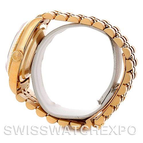 The image shows a side view of a Rolex President 16238 Men's Yellow Gold White Dial 16238 Men's Yellow Gold White Dial model watch, highlighting its gold case, crown, and bracelet.