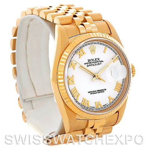 This image shows a side and front angle of the Rolex President 16238 Men's Yellow Gold White Dial 16238 Men's Yellow Gold White Dial model watch, displaying the band, face, and crown.