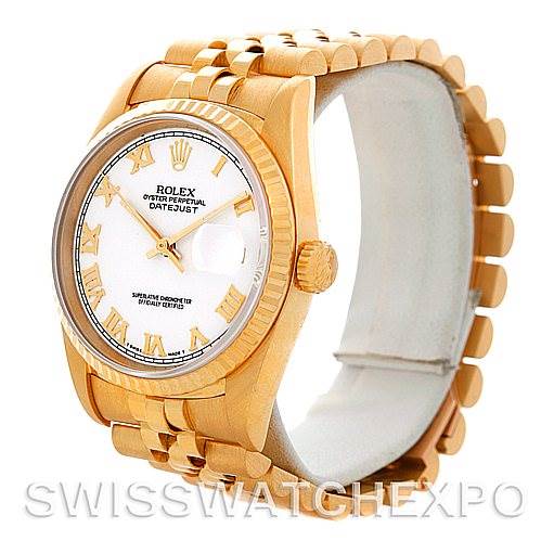 The image shows a side angle of a Rolex President 16238 Men's Yellow Gold White Dial 16238 Men's Yellow Gold White Dial model watch, showcasing the dial, bezel, crown, and part of the band.