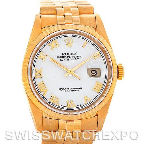 This image shows a front view of the Rolex President 16238 Men's Yellow Gold White Dial 16238 Men's Yellow Gold White Dial model watch, displaying the dial, bezel, and bracelet.