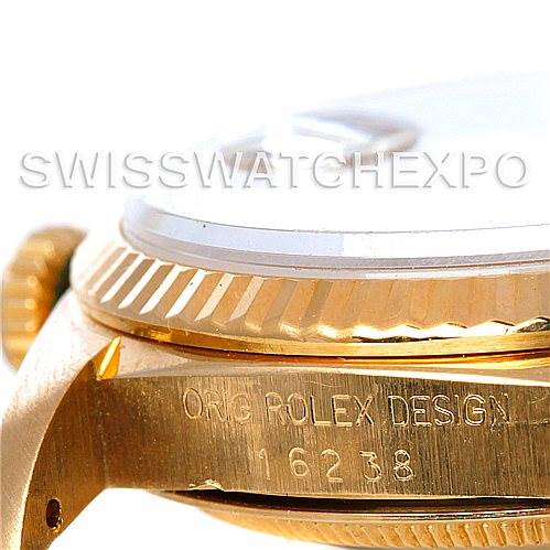 This close-up image shows the side view of a Rolex President 16238 Men's Yellow Gold White Dial 16238 Men's Yellow Gold White Dial model watch, highlighting the crown, bezel, and engraved model number.