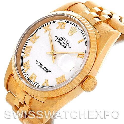 The image shows a Rolex President 16238 Men's Yellow Gold White Dial 16238 Men's Yellow Gold White Dial model watch at a slight angle, displaying the watch face, crown, and part of the bracelet.