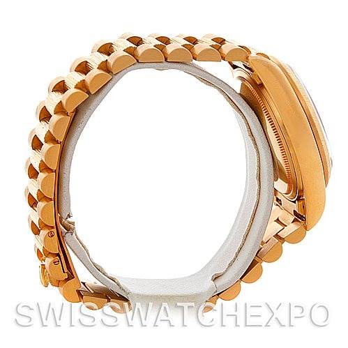 This image shows a side view of the Rolex President 18078 Men's Yellow Gold Champagne Dial 18078 Men's Yellow Gold Champagne Dial model watch, highlighting the bracelet and case.