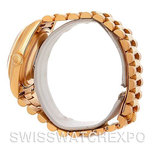 The image shows a side view of the Rolex President 18078 Men's Yellow Gold Champagne Dial 18078 Men's Yellow Gold Champagne Dial model watch, highlighting the case and the bracelet links.