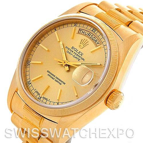 The image displays a Rolex President 18078 Men's Yellow Gold Champagne Dial 18078 Men's Yellow Gold Champagne Dial Day-Date watch at a slight angle, showing the face, bezel, and part of the bracelet band.