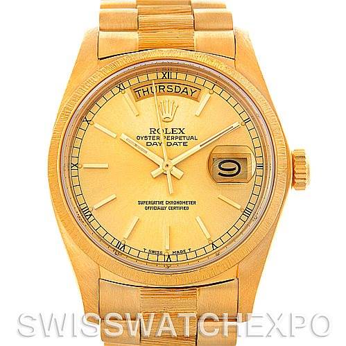 The image shows a front view of a Rolex President 18078 Men's Yellow Gold Champagne Dial 18078 Men's Yellow Gold Champagne Dial Day-Date model, displaying the face, bezel, and bracelet.