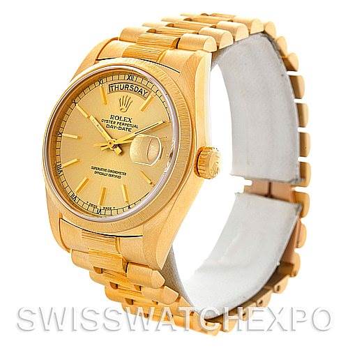 The image shows a side angle of a Rolex President 18078 Men's Yellow Gold Champagne Dial 18078 Men's Yellow Gold Champagne Dial model watch, highlighting the face, bezel, crown, and bracelet.