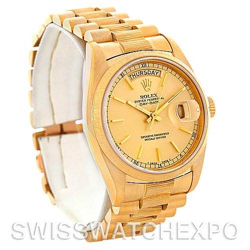 The image shows a Rolex President 18078 Men's Yellow Gold Champagne Dial 18078 Men's Yellow Gold Champagne Dial model watch from a front diagonal angle, highlighting the dial, bracelet, and part of the case.