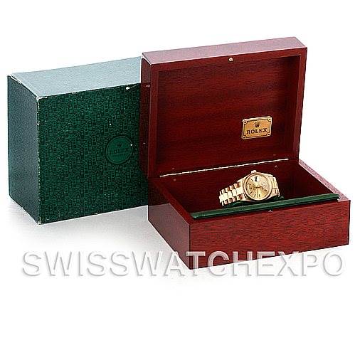 The image shows a Rolex President 18078 Men's Yellow Gold Champagne Dial 18078 Men's Yellow Gold Champagne Dial model watch inside an open wooden box with an additional green outer box.